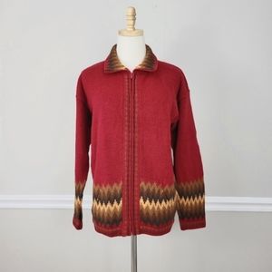 Peruvian Alpaca Red and Brown Zip Cardigan Pockets Sweater NWOT Size M/L